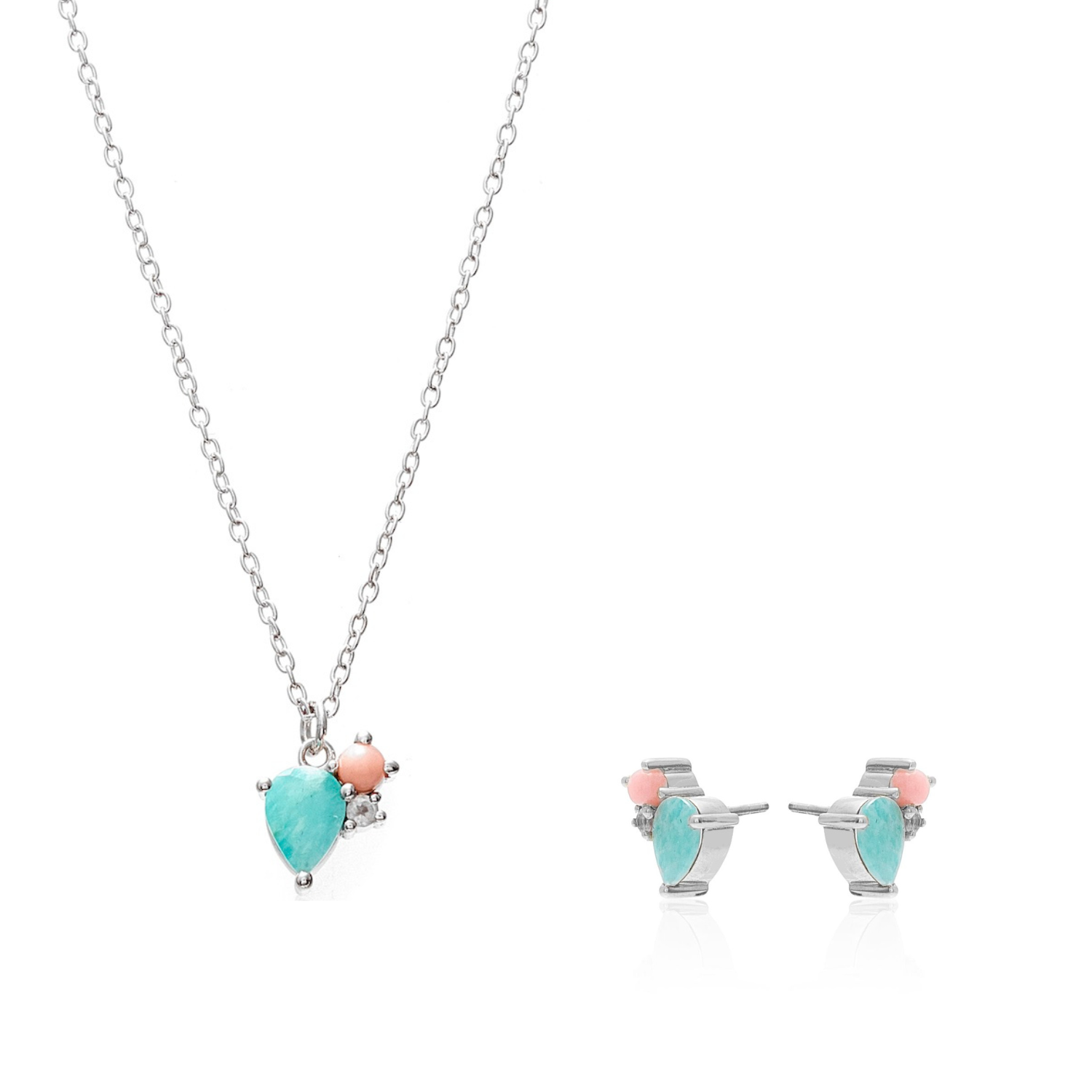 Silk & Steel Bloom Necklace and Stud Earrings in Silver with Amazonite, Rose Quartz and Pink Opal Gemstones