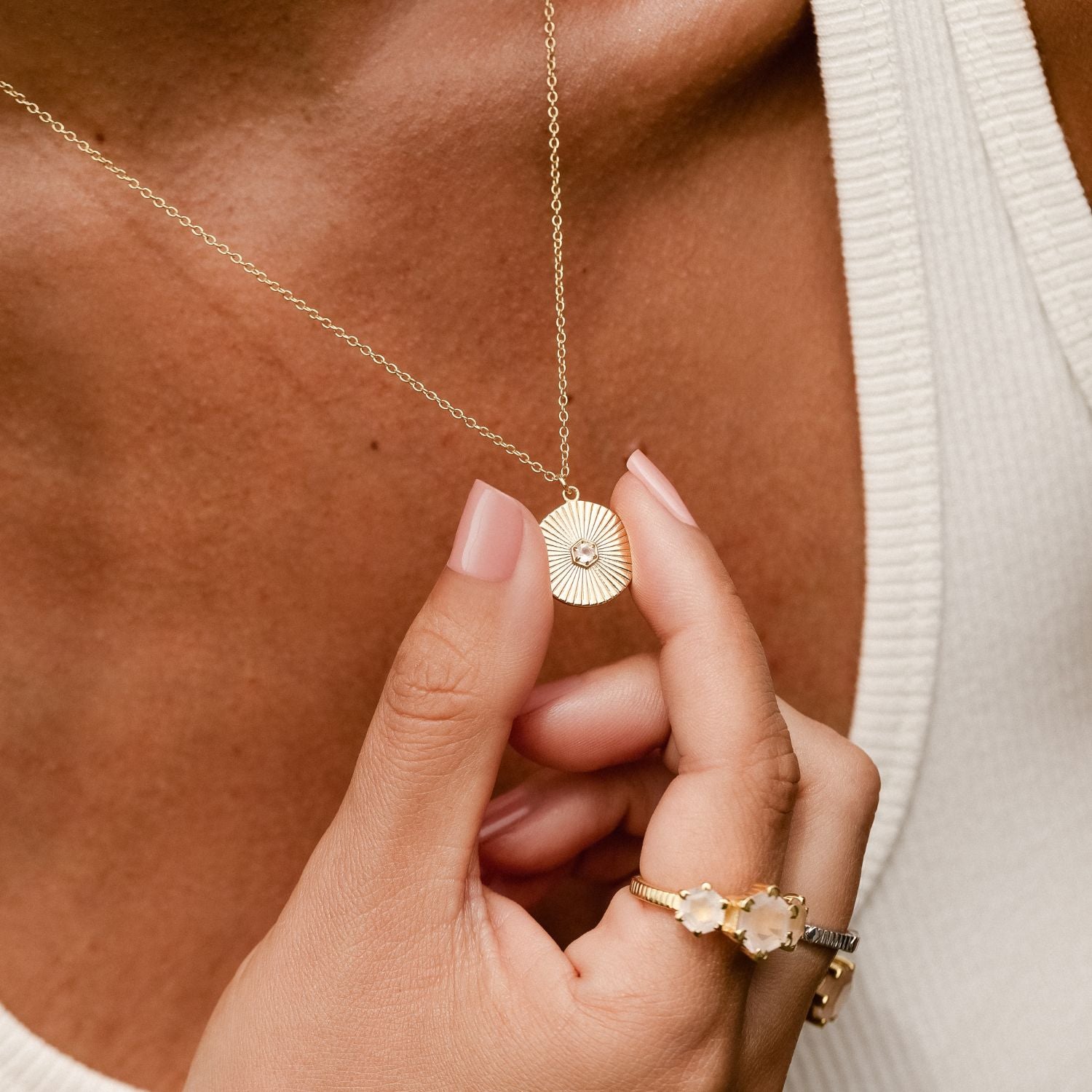 Silk & Steel Solace Necklace with rose quartz in rhodium-plated sterling silver.