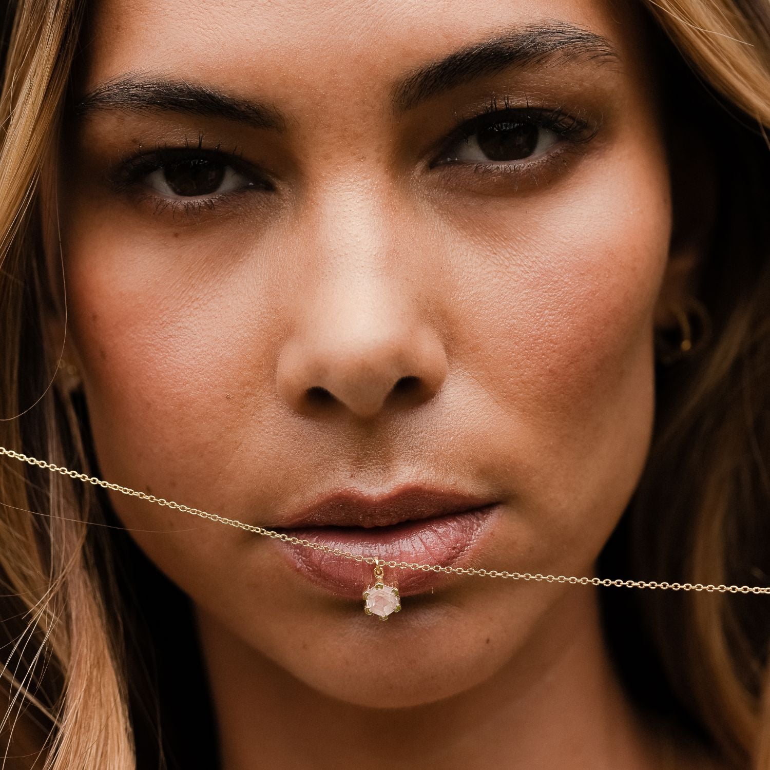 Silk & Steel Harmony Necklace with rose quartz in 14k gold-plated sterling silver.