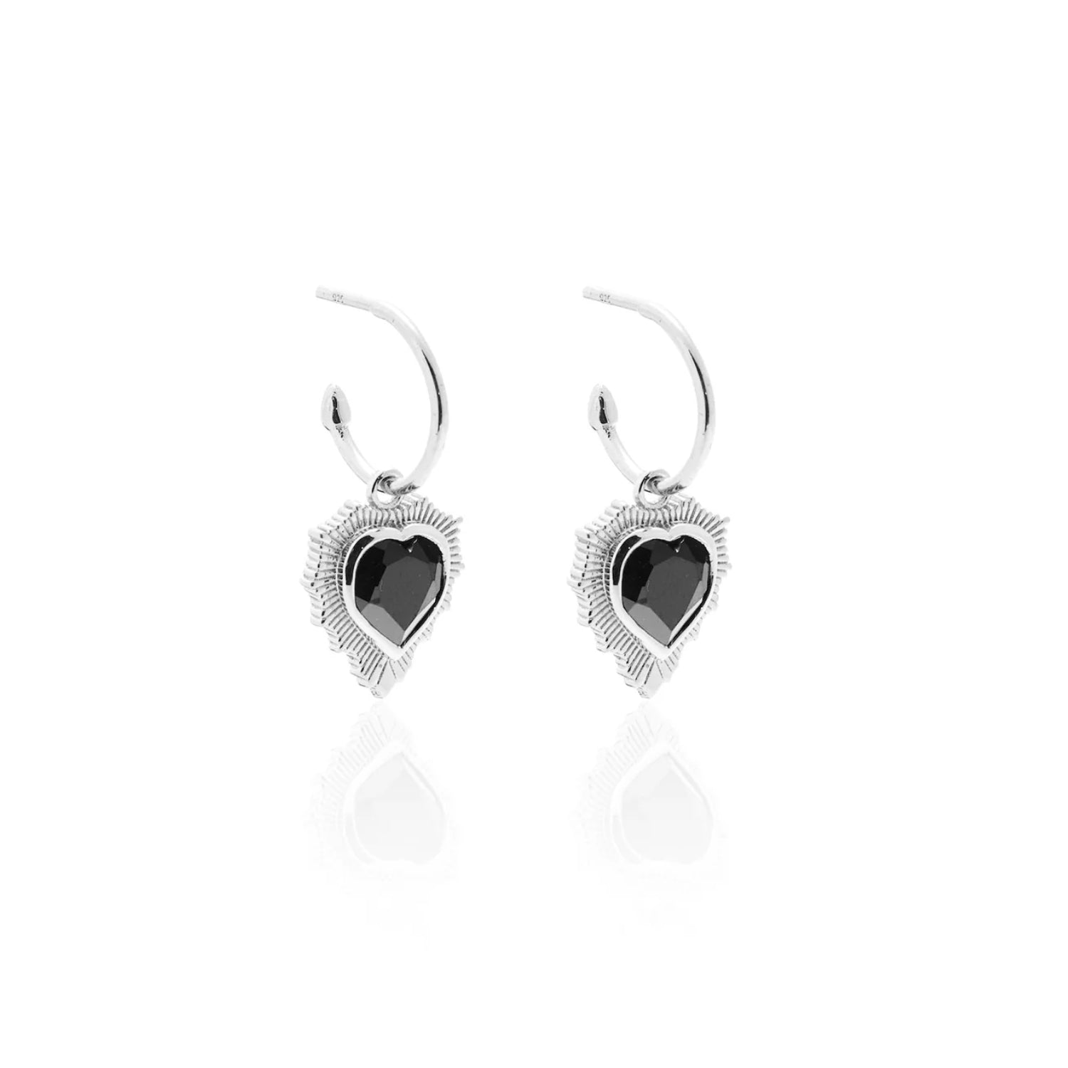 Silk & Steel Amour Radiating Heart Hoops in Black Spinel + Silver