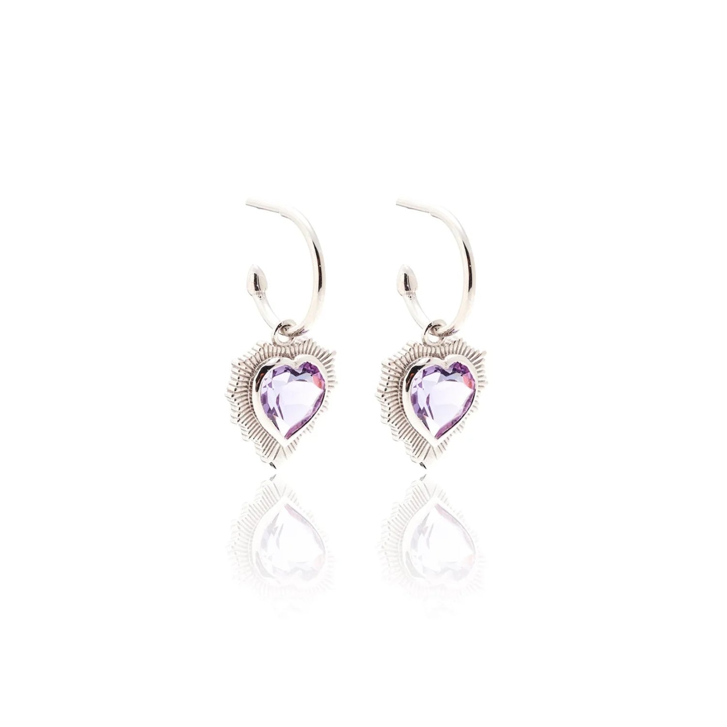Silk & Steel Amour Radiating Heart Hoops in Brazilian Amethyst + Silver
