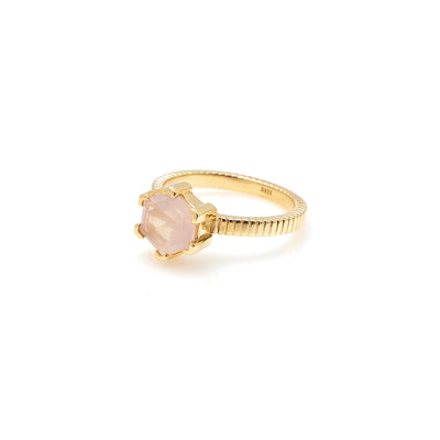 Silk & Steel Harmony solitaire ring with rose quartz in 14k gold-plated sterling silver.