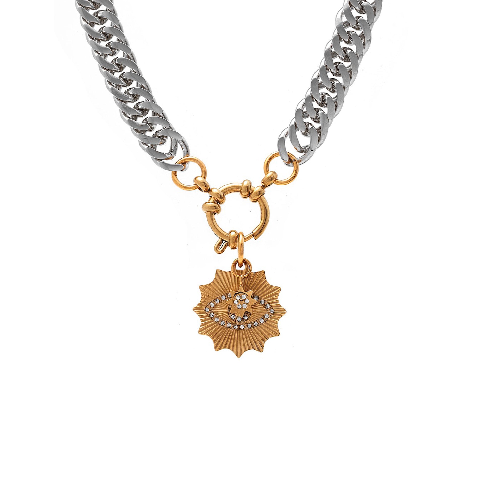 Silk & Steel Nova two tone necklace with cubic zirconia in silver and gold-plated stainless steel.