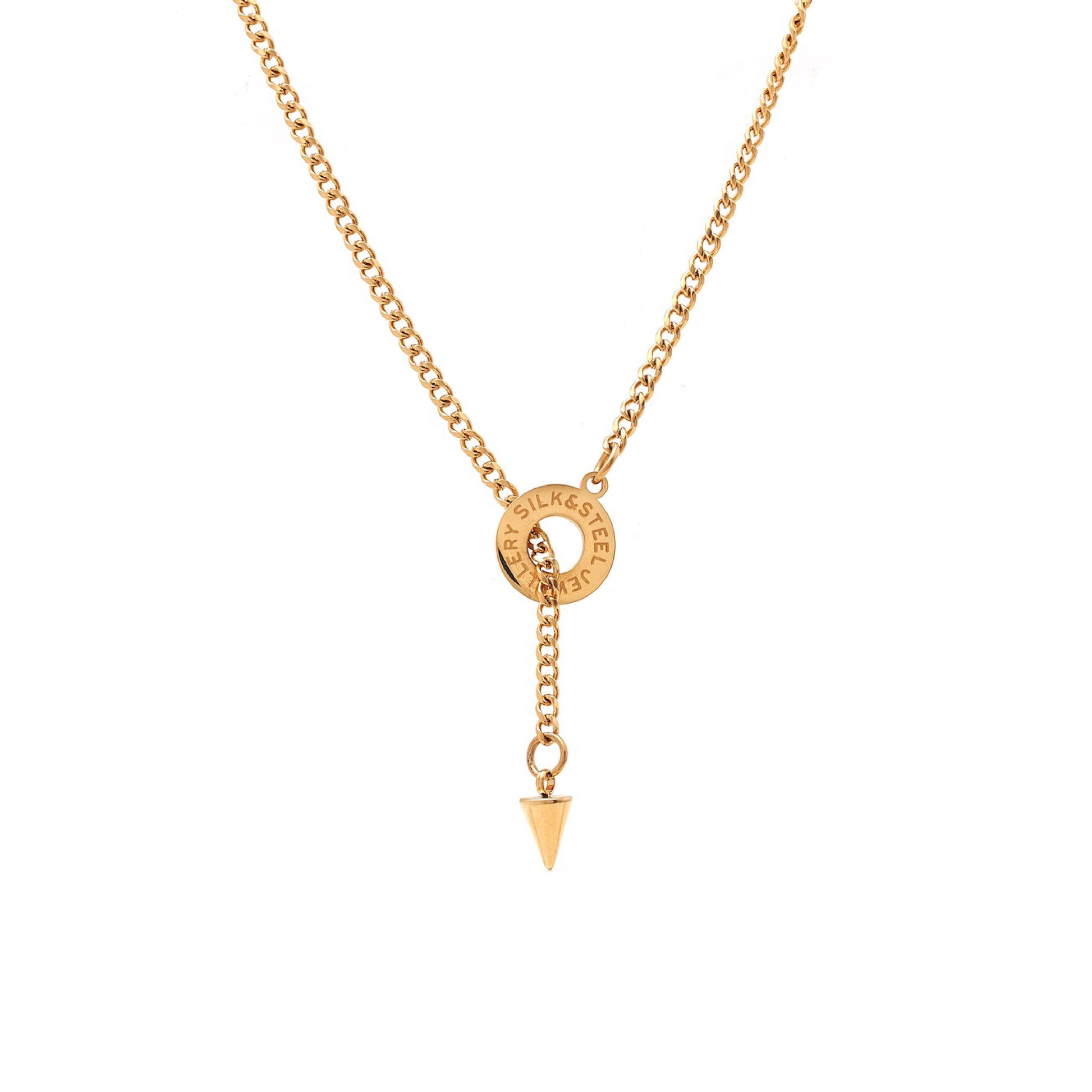Silk & Steel Orbit Lariat necklace in 14k gold-plated stainless steel.