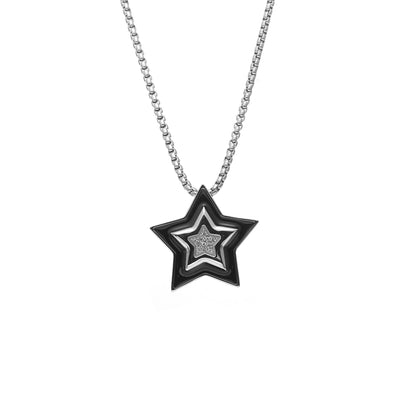 Supernova Star Pendant Necklace in silver stainless steel with Black Enamel and Clear Cubic Zirconias| Silk & Steel Jewellery