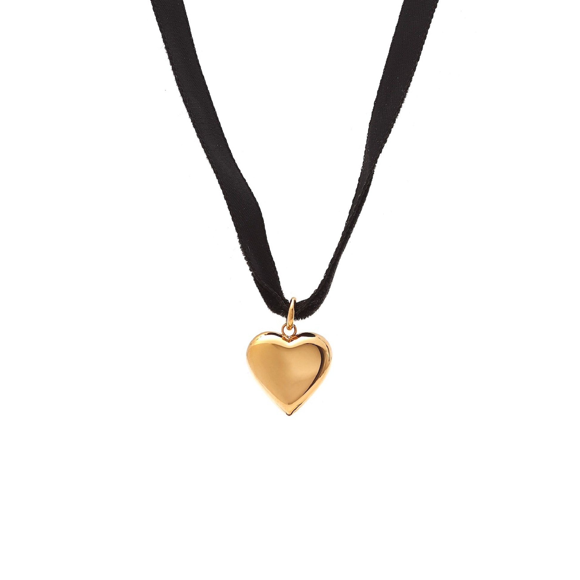 Silk & Steel cupid choker necklace in black velvet ribbon and puffed heart pendant in 14k gold-plated stainless steel.