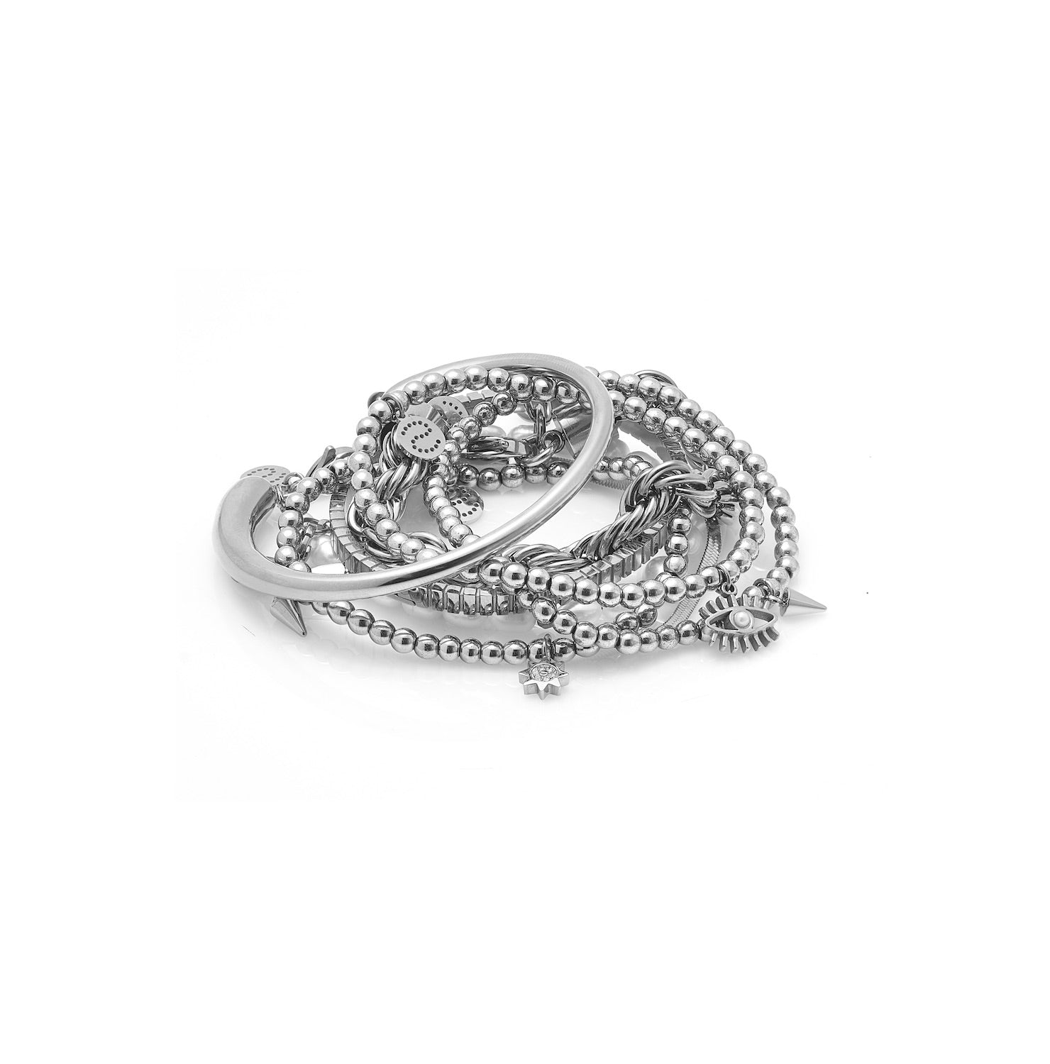 Silk & Steel Nova beaded bracelet in silver hematite with cubic zirconia.