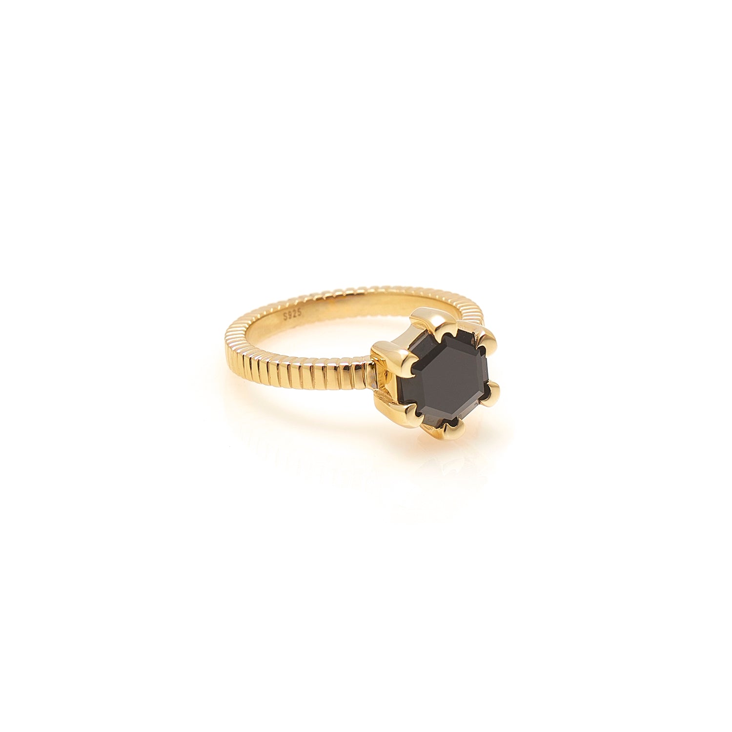 Silk & Steel Harmony solitaire ring with black spinel in 14k gold-plated sterling silver.