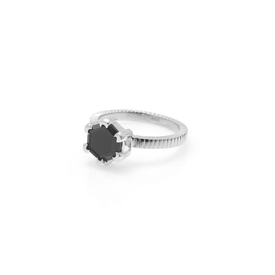 Silk & Steel Harmony solitaire ring with black spinel in rhodium-plated sterling silver.