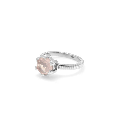 Silk & Steel Harmony solitaire ring with rose quartz in rhodium-plated sterling silver.