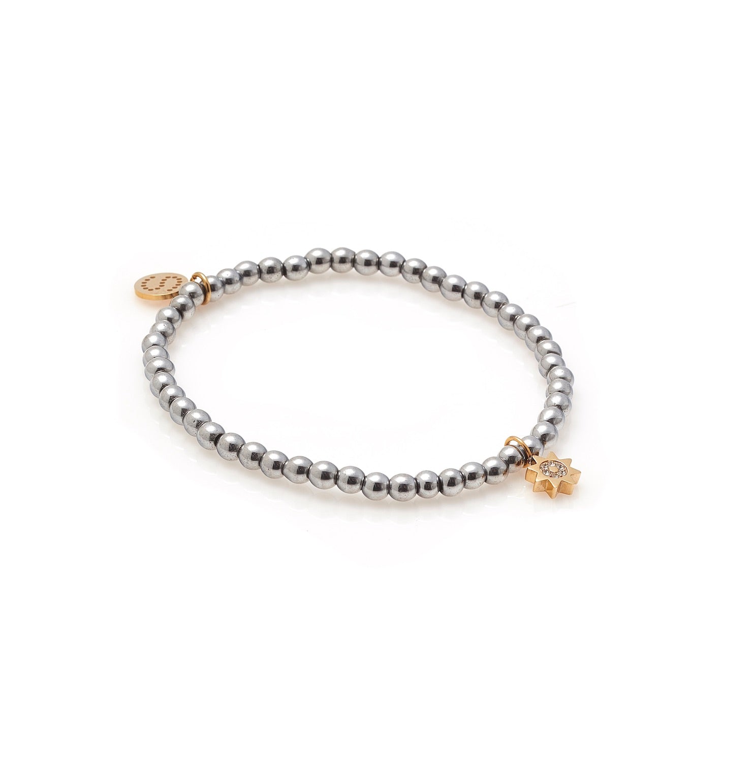 Silk & Steel Nova beaded bracelet in silver hematite with gold cubic zirconia.