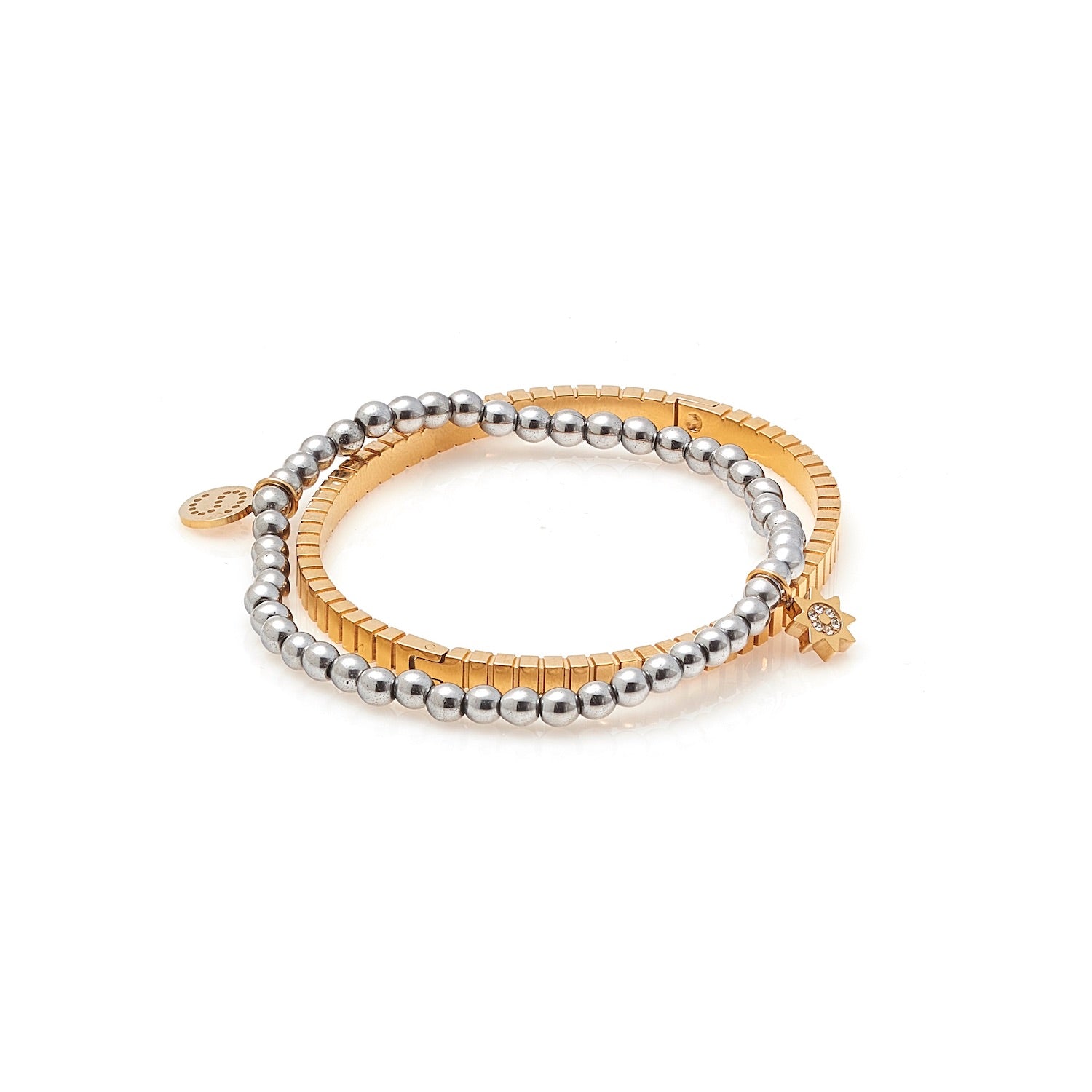 Silk & Steel Oracle bangle in 14k gold-plated stainless steel.