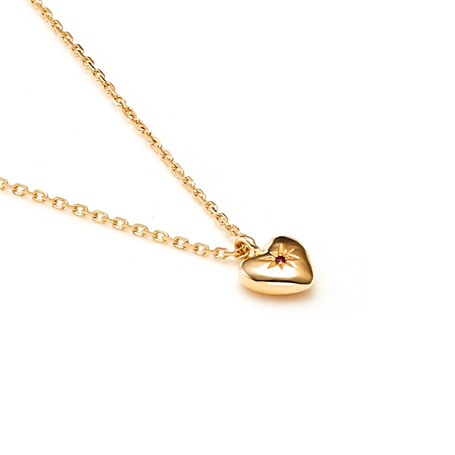 Superfine Petite Puffed Heart Necklace in 14k gold-plated Sterling Silver with Ruby | Silk & Steel Jewellery