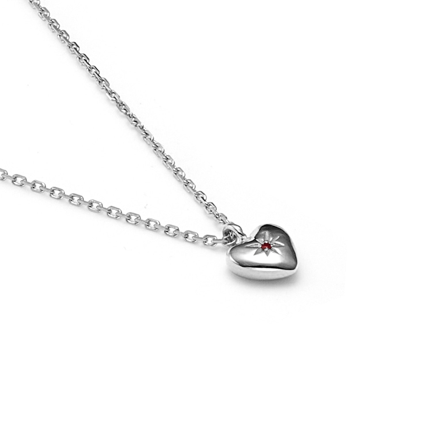 Superfine Petite Puffed Heart Necklace in  Sterling Silver with Ruby | Silk & Steel Jewellery