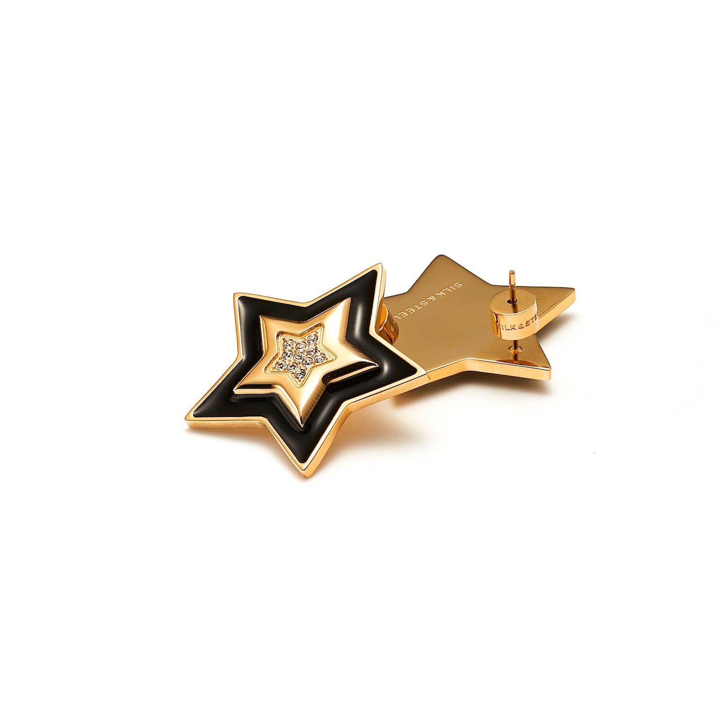 Supernova Star Pendant Stud Earrings in 14k gold-plated stainless steel with Black Enamel and Cubic Zirconias | Silk & Steel Jewellery