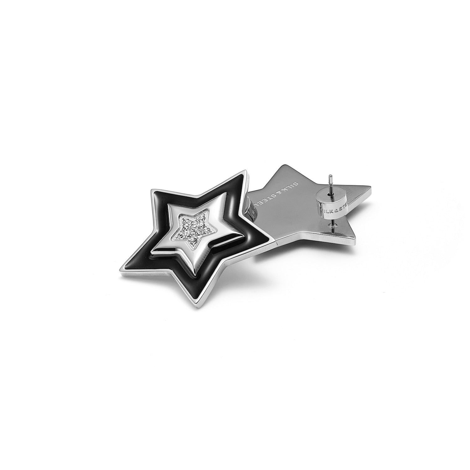 Supernova Star Pendant Stud Earrings in silver stainless steel with Black Enamel and Cubic Zirconias | Silk & Steel Jewellery