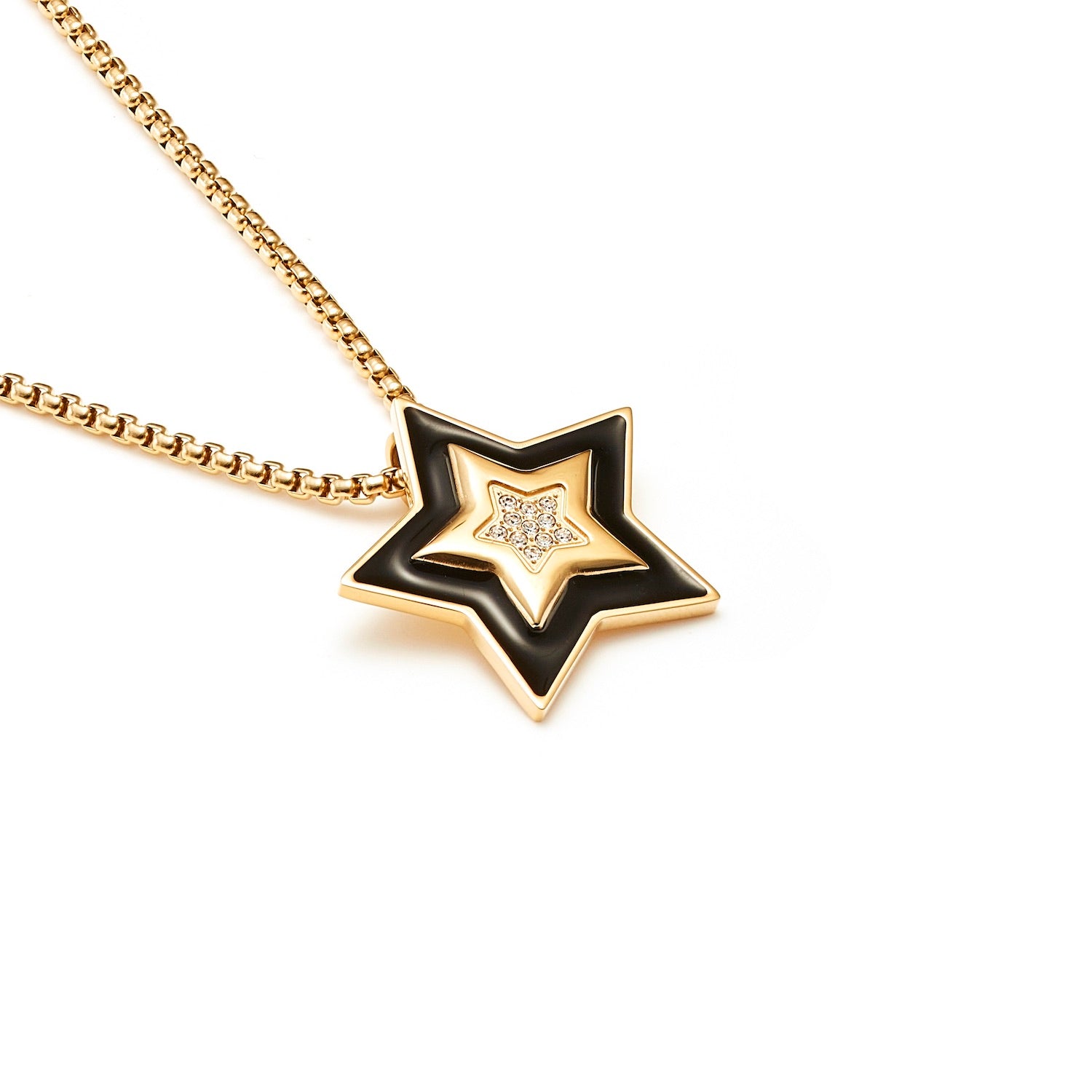 Supernova Star Pendant Necklace in 14k gold-plated stainless steel with Black Enamel and Clear Cubic Zirconias| Silk & Steel Jewellery