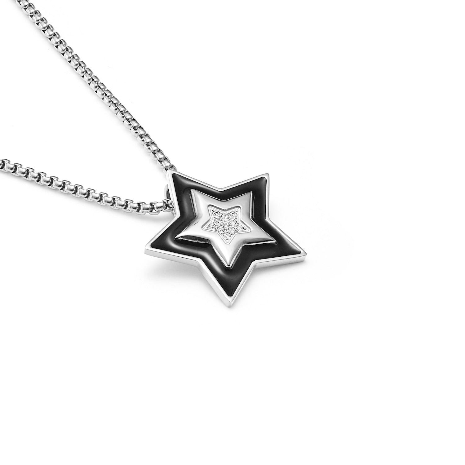 Supernova Star Pendant Necklace in silver stainless steel with Black Enamel and Clear Cubic Zirconias| Silk & Steel Jewellery