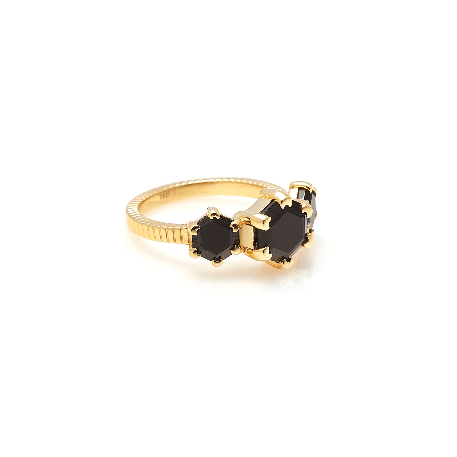 Silk & Steel Trinity ring with black spinel in 14k gold-plated sterling silver.