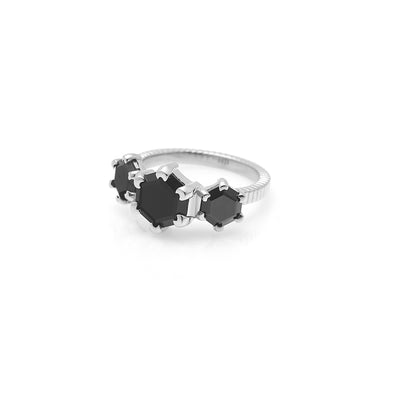 Silk & Steel Trinity ring with black spinel in rhodium-plated sterling silver.