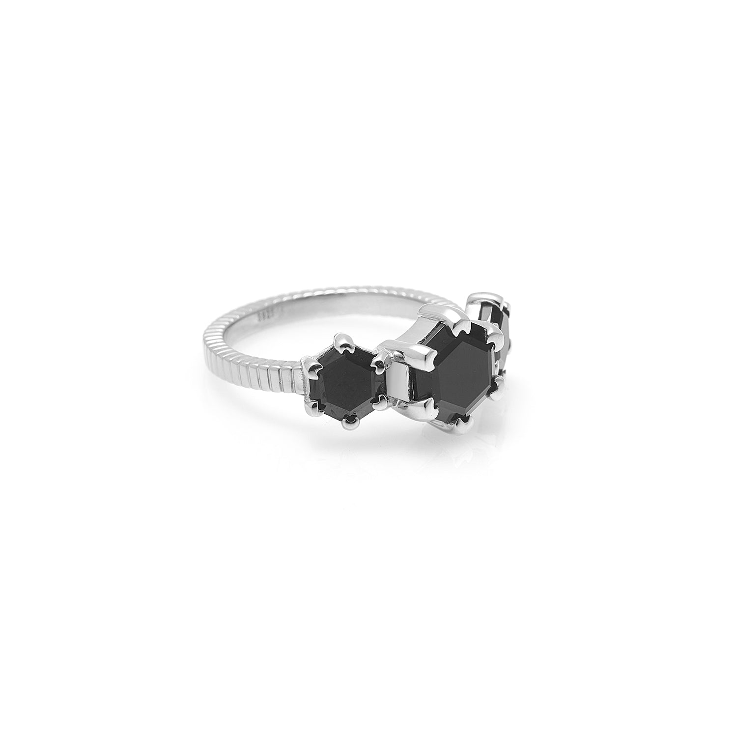 Silk & Steel Trinity ring with black spinel in rhodium-plated sterling silver.