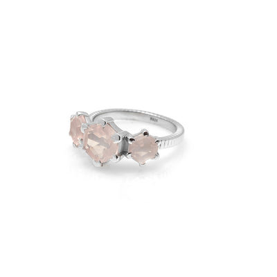Silk & Steel Trinity ring with rose quartz in rhodium-plated sterling silver symbolising love