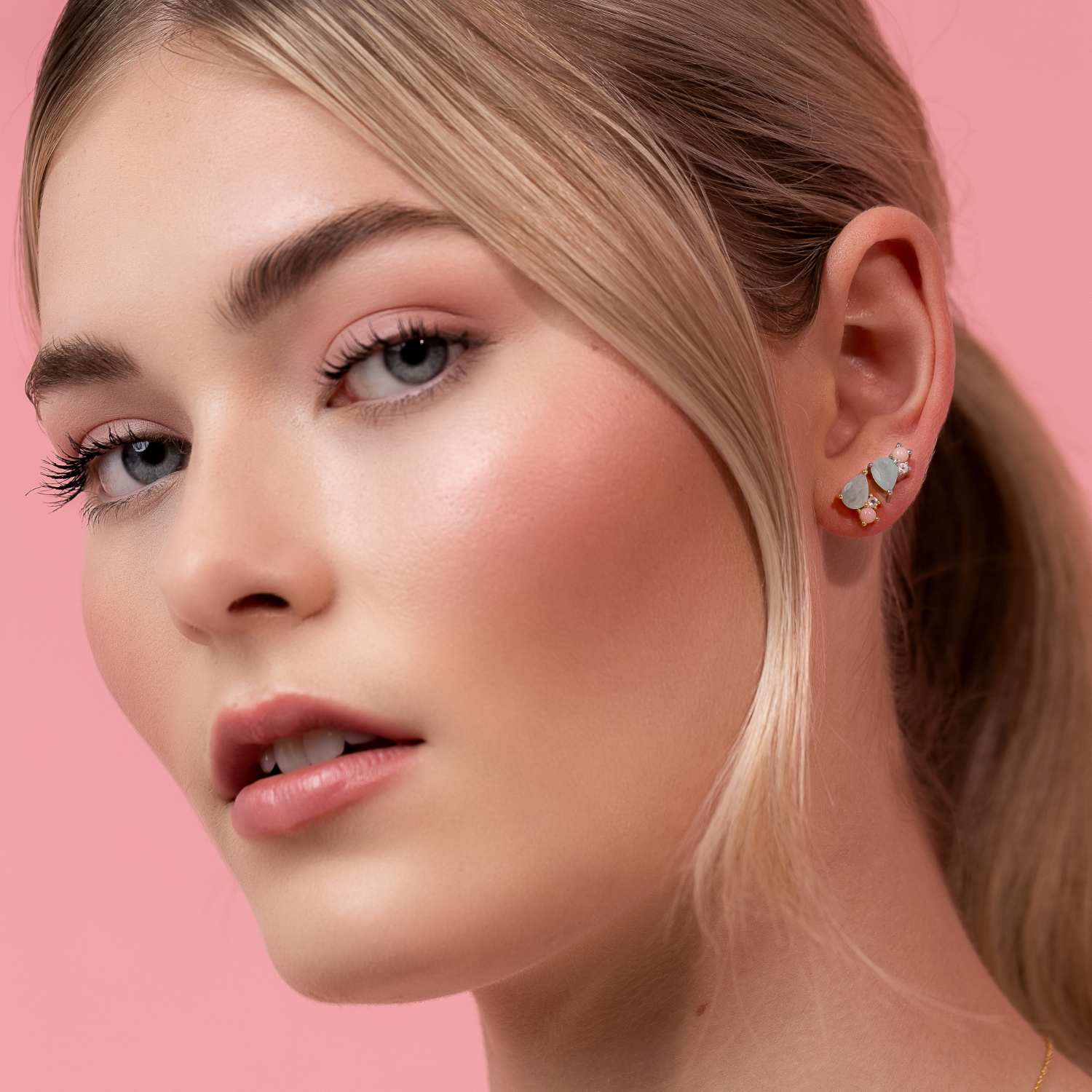 Silk & Steel Bloom Stud Earrings in Gold with Amazonite, Rose Quartz and Pink Opal Gemstones