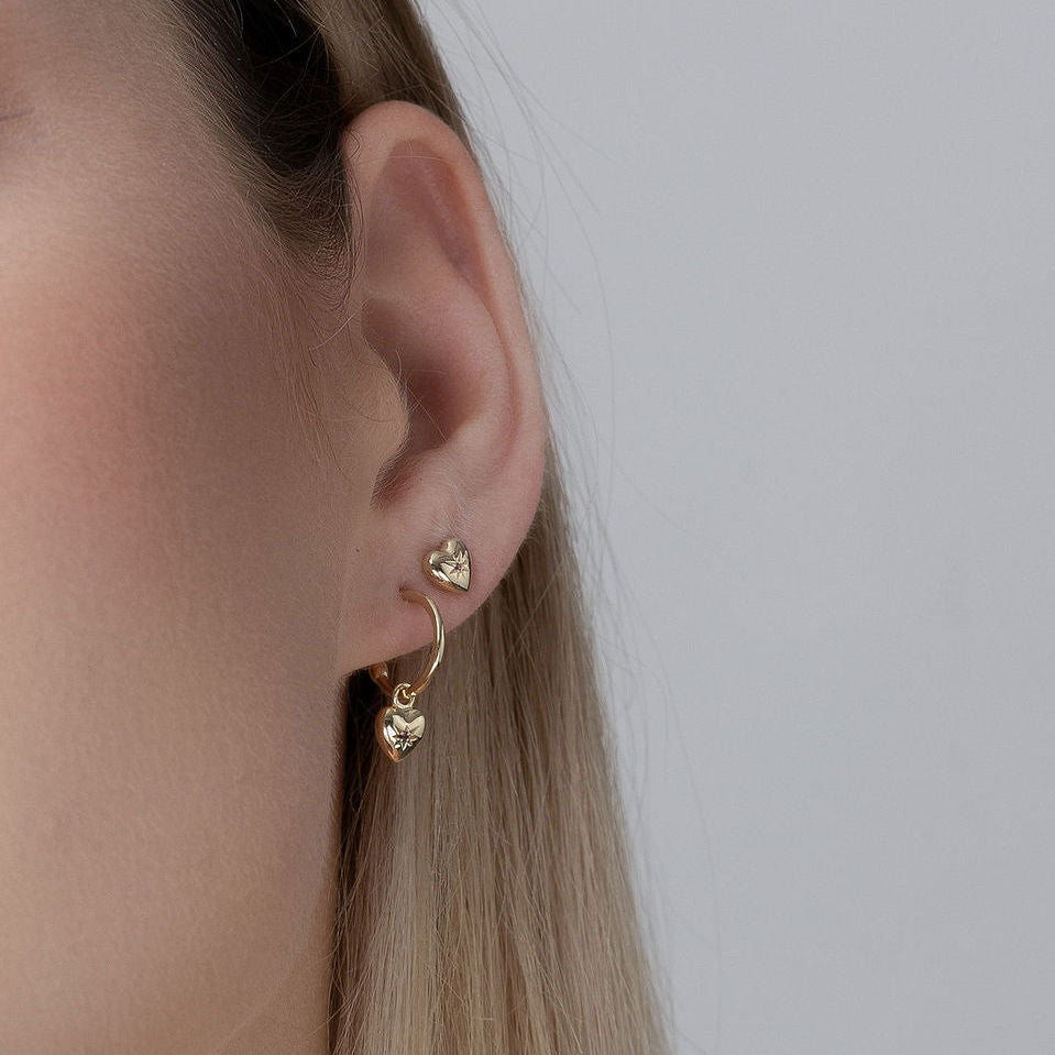 Superfine Petite Heart Hoop Earring in 14k Gold-plated sterling silver with Ruby