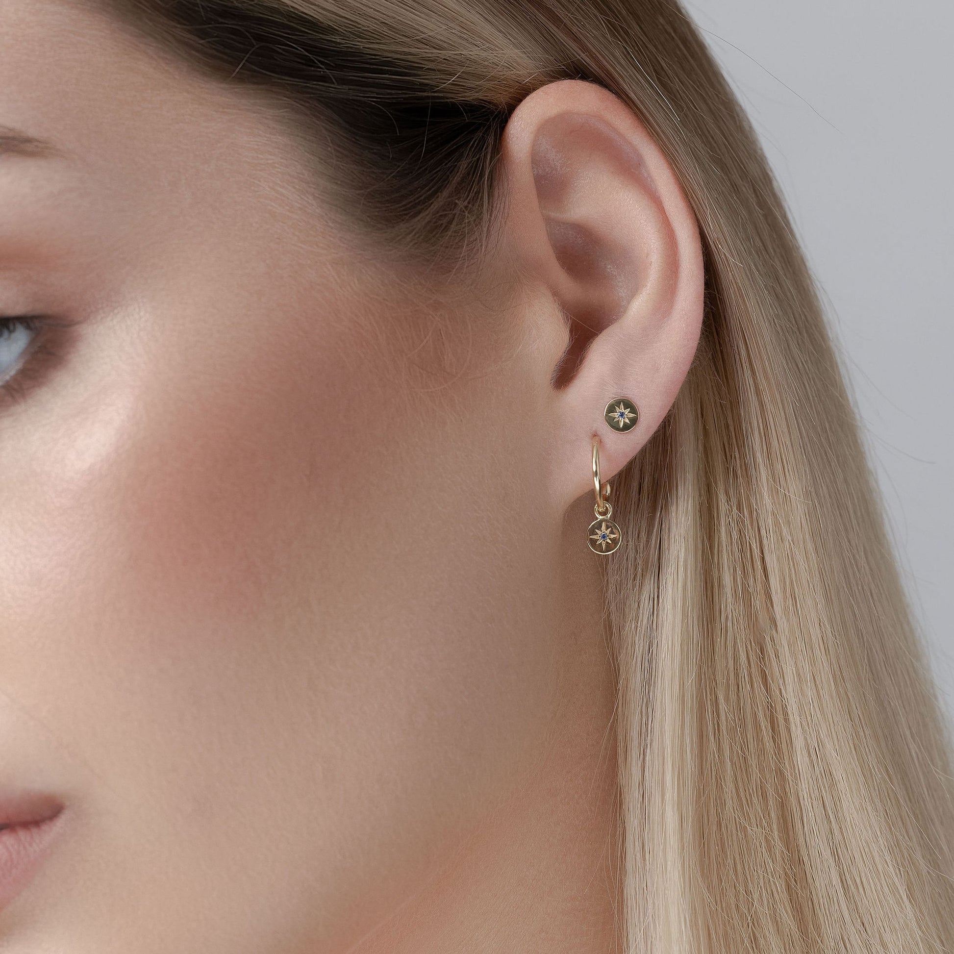 Superfine Petite North Diamond Hoop Earrings in 14k Gold-plated sterling silver with Blue Sapphire | Silk & Steel Jewellery