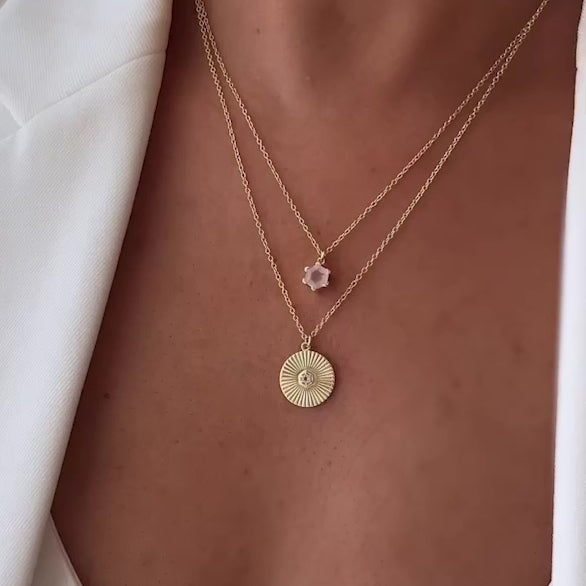 Rose Quartz Gemstone set in 14k gold-plated sterling silver radiating pendant | Solace Necklace