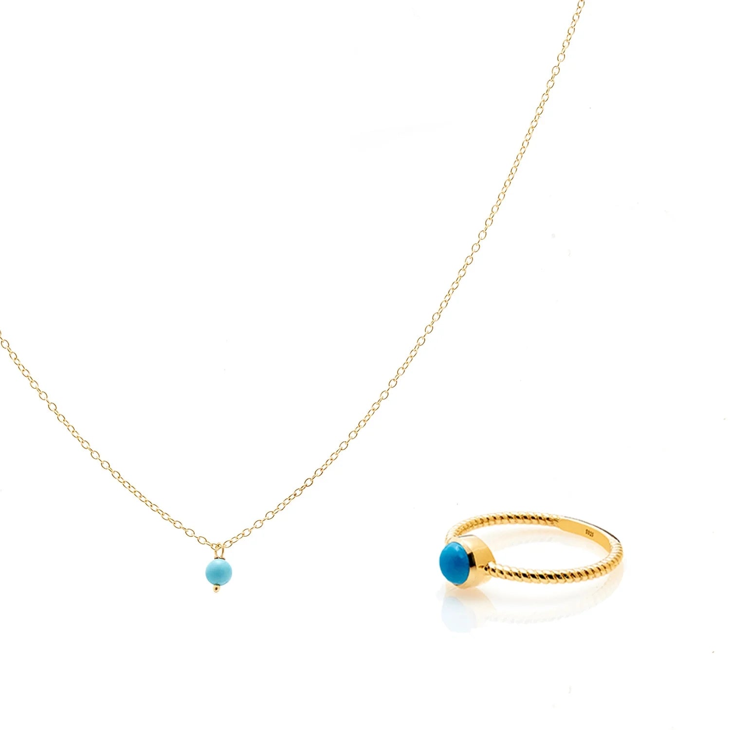 Silk & Steel Jewellery Turquoise Necklace and Ring Jewellery Set in 14k Gold-plated Sterling Silver