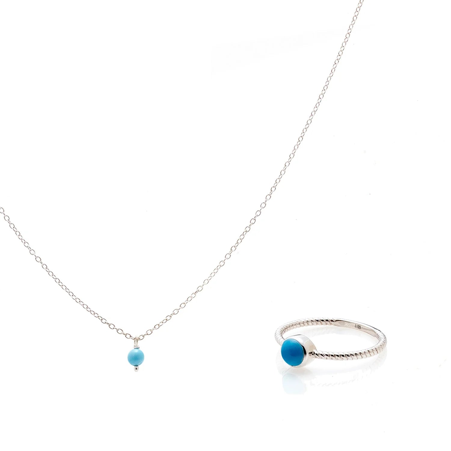 Silk & Steel Jewellery Turquoise Necklace and Ring Jewellery Set in Sterling Silver