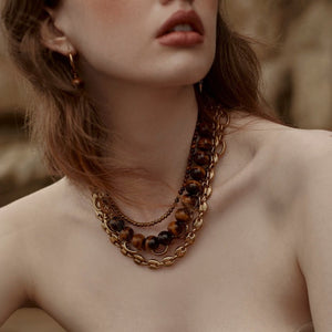 Silk & Steel Jewellery Luna Necklace Set Tiger's Eye + Gold