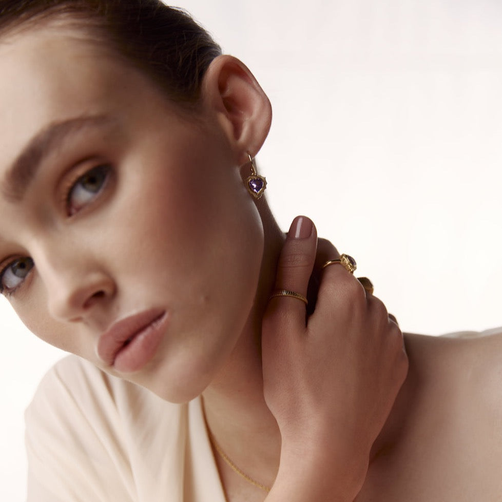 Silk & Steel Amour Radiating Heart Hoops in Brazilian Amethyst + Gold