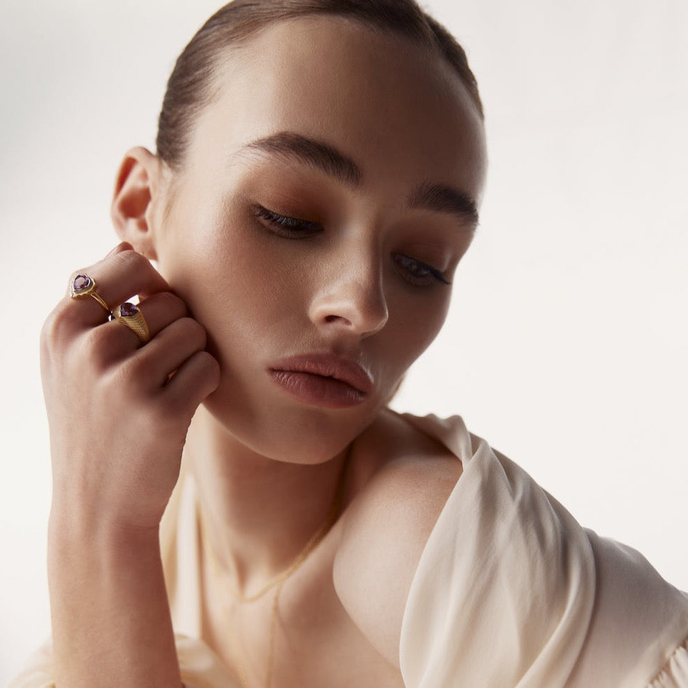 Silk & Steel Romantique Signet Ring Brazilian Amethyst + Gold