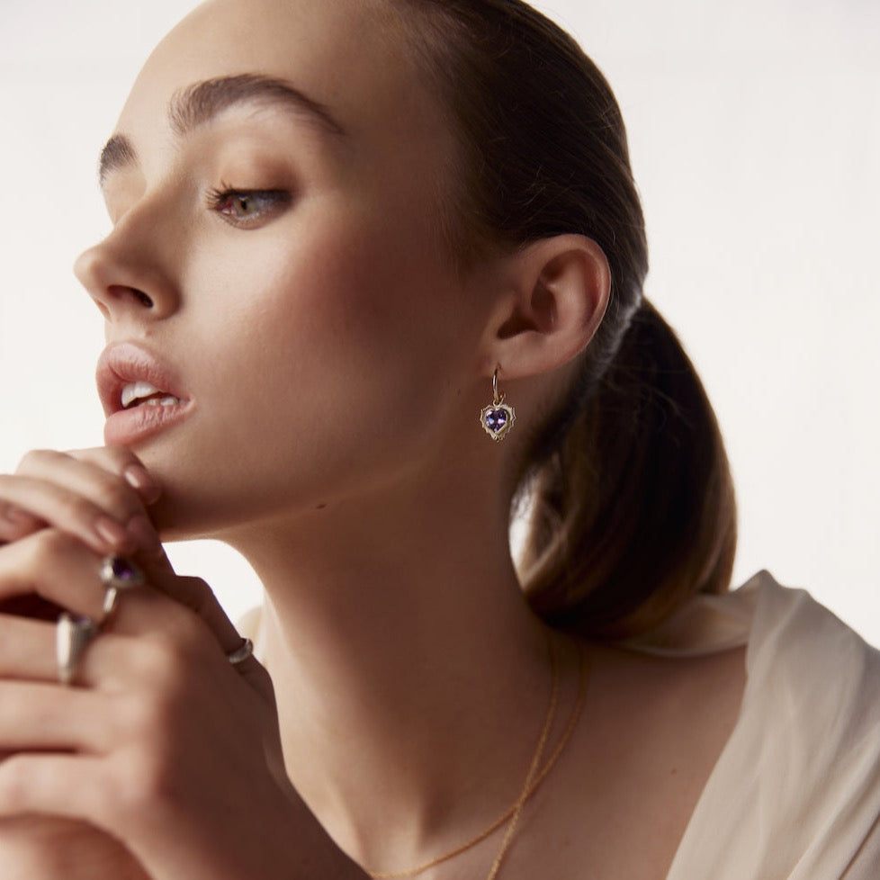 Silk & Steel Amour Radiating Heart Hoops in Brazilian Amethyst + Gold