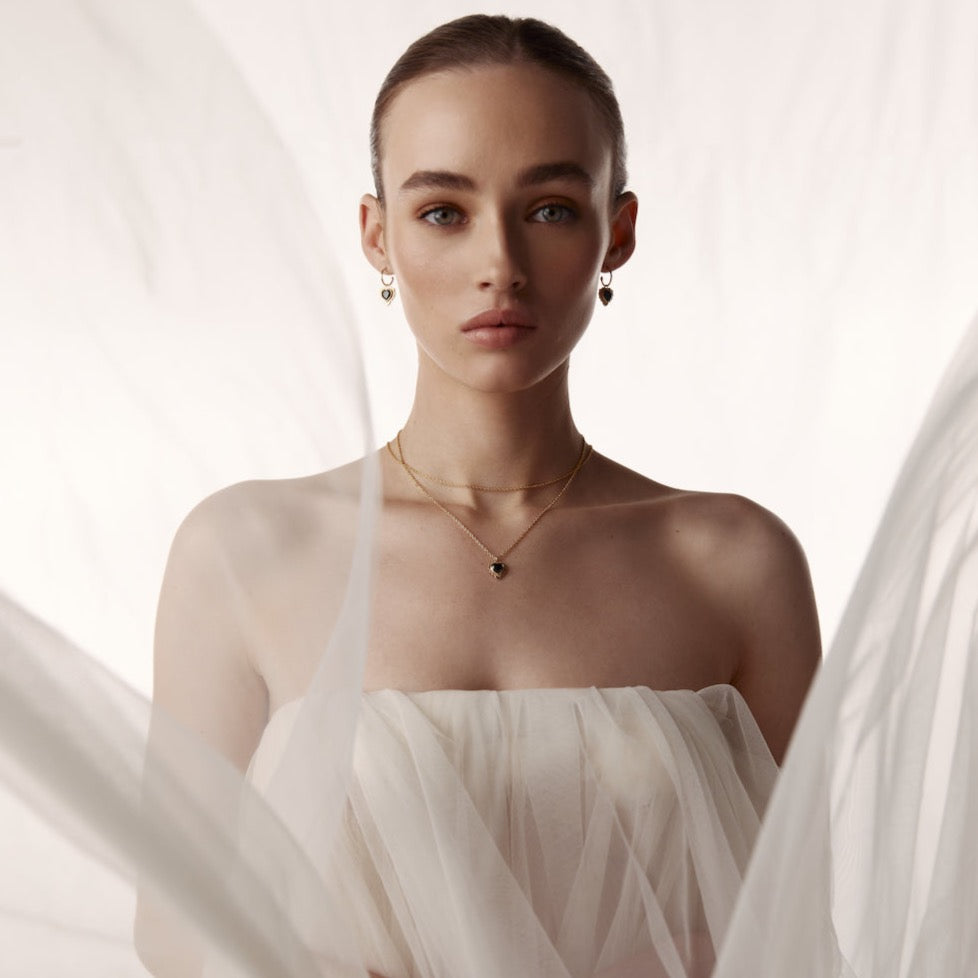 Silk & Steel Amour Radiating Heart Hoops in Black Spinel + Silver