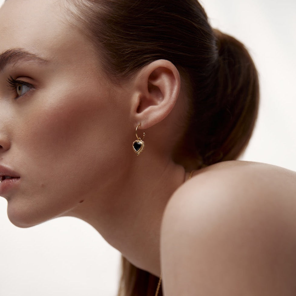 Silk & Steel Amour Radiating Heart Hoops in Black Spinel + Silver