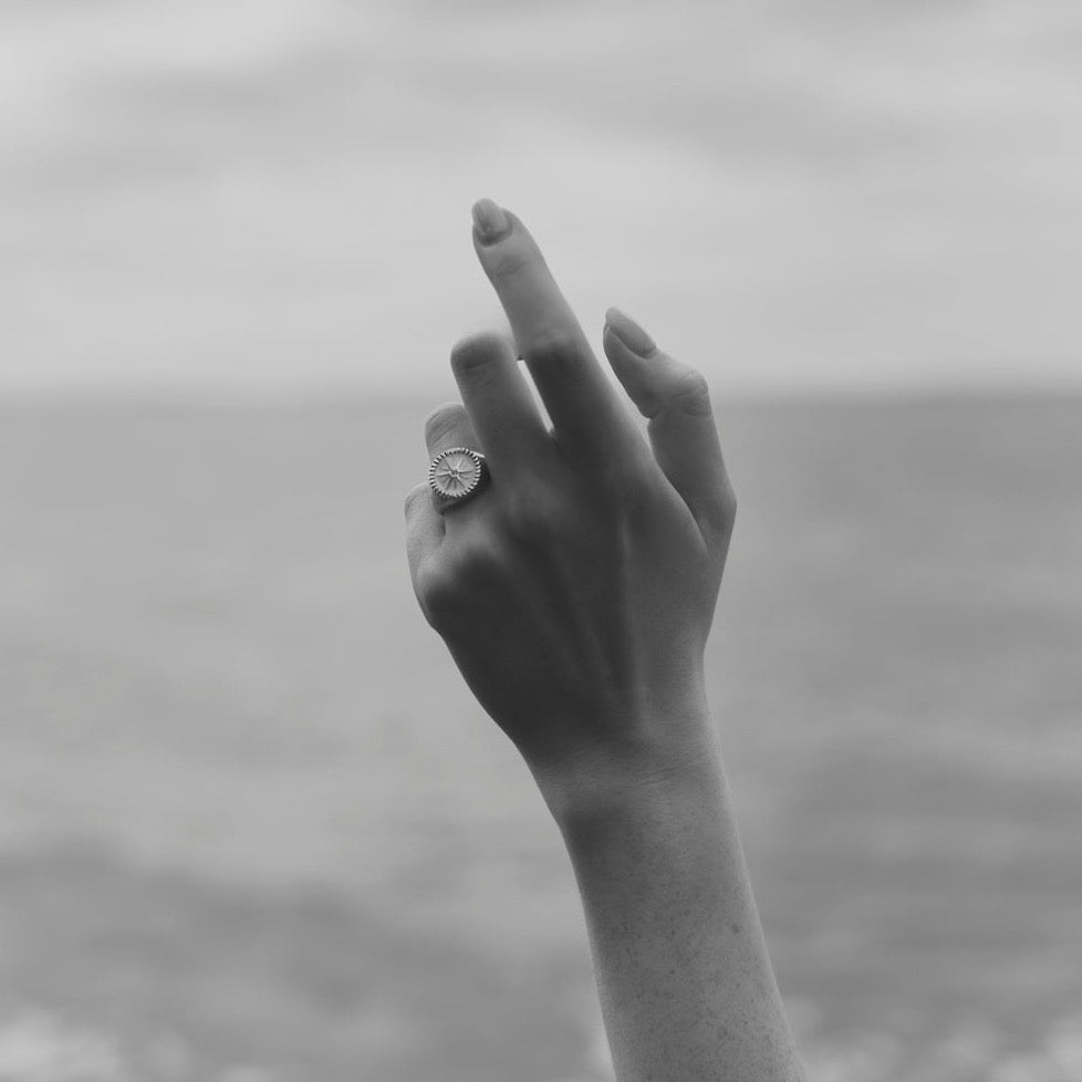 Silk & Steel Jewellery Guiding Star Signet Ring White Enamel + Silver