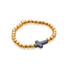 Silk & Steel Jewellery Forbidden Bracelet with Black Onyx Cross + Gold Hematite