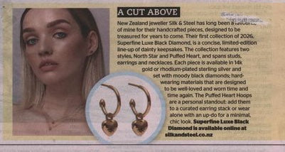 Reset Magazine featuring Silk & Steel Petite Puffed Heart Hoop Earrings with campaign of model