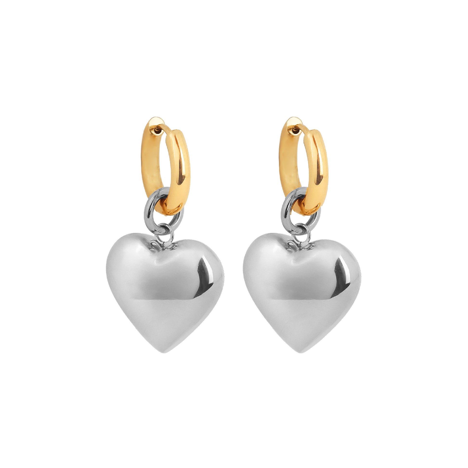 Bisous Heart Hoop Earrings Gold Hoops with Silver Heart Pendant in stainless steel