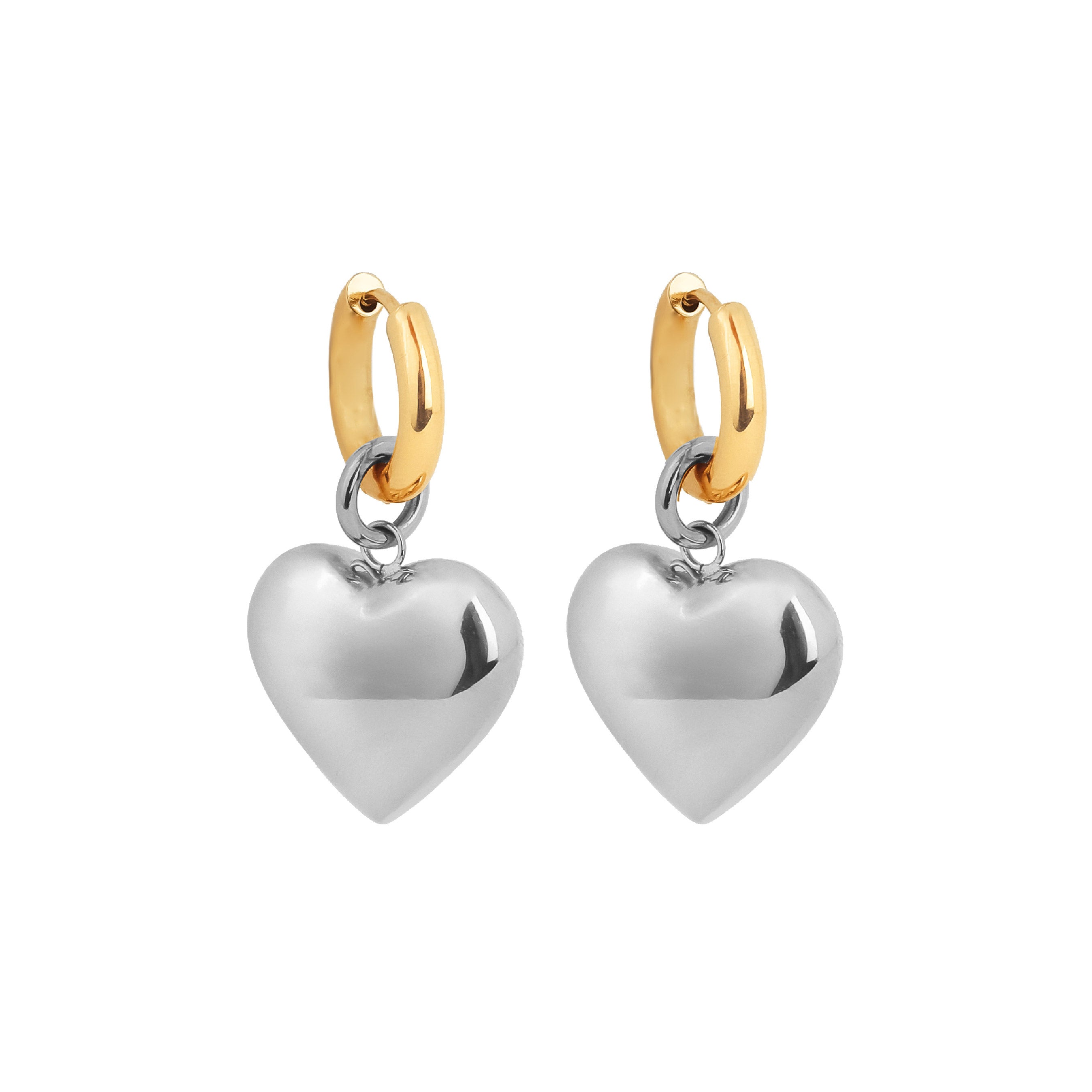 Bisous Heart Hoop Earrings Gold Hoops with Silver Heart Pendant in stainless steel