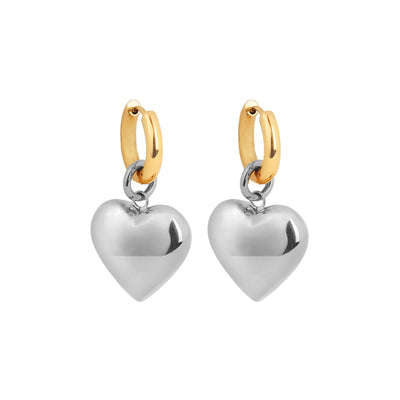 Bisous Heart Hoop Earrings Gold Hoops with Silver Heart Pendant in stainless steel