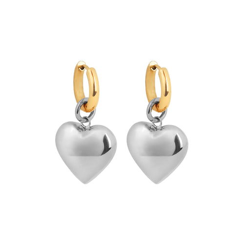 Bisous Heart Hoop Earrings Gold Hoops with Silver Heart Pendant in stainless steel