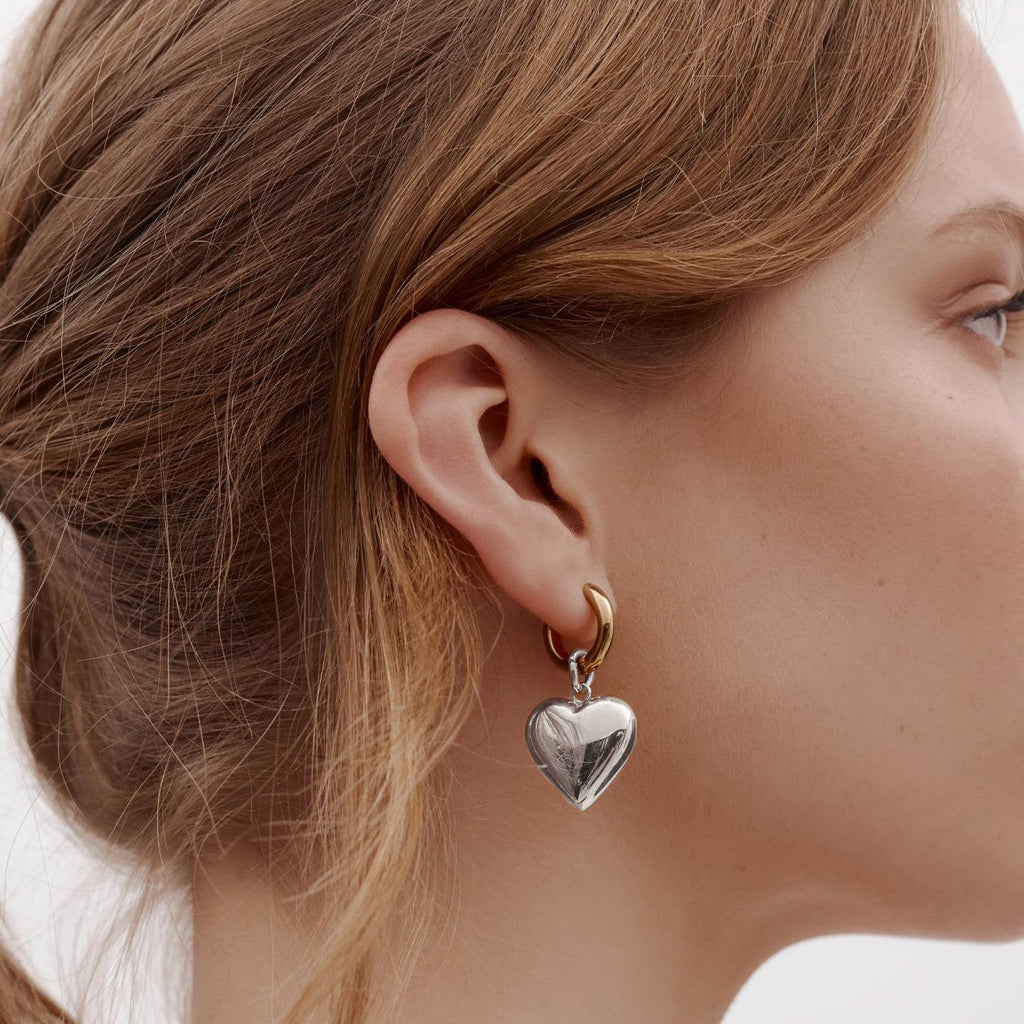 Bisous Heart Hoop Earrings Gold Hoops with Silver Heart Pendant in stainless steel