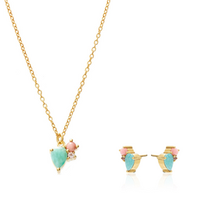 Silk & Steel Bloom Necklace and Stud Earrings in 14k gold-plated sterling silver with Amazonite, Rose Quartz and Pink Opal Gemstones