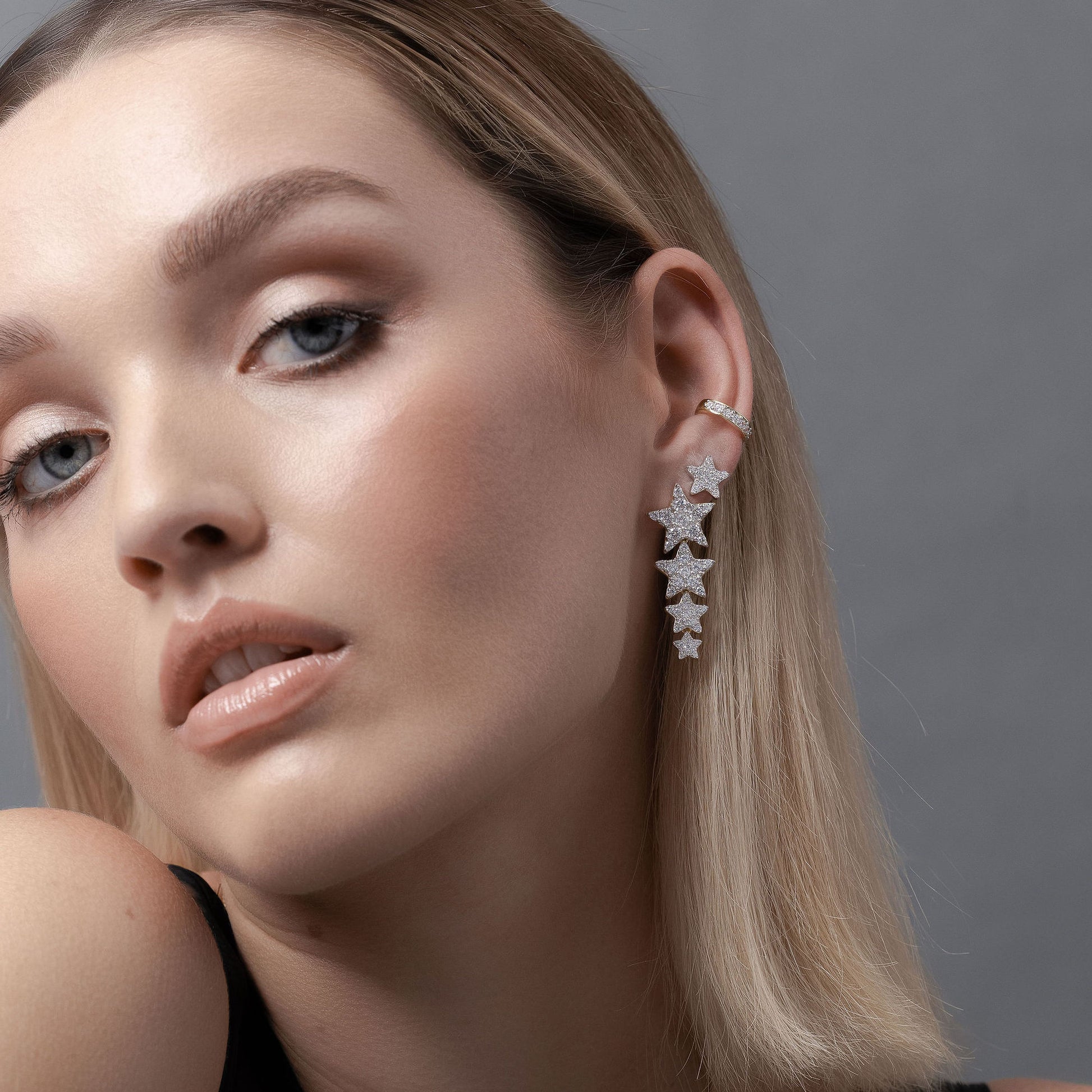 Galaxie Ear Cuff and Star Pendant Earrings in 14k gold-plated sterling silver with Cubic Zirconias | Silk & Steel Jewellery