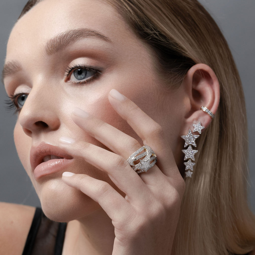Etoile Star Ring and Star Drop Earrings in 14k gold-plated sterling silver with White Zirconias | Silk & Steel Jewellery