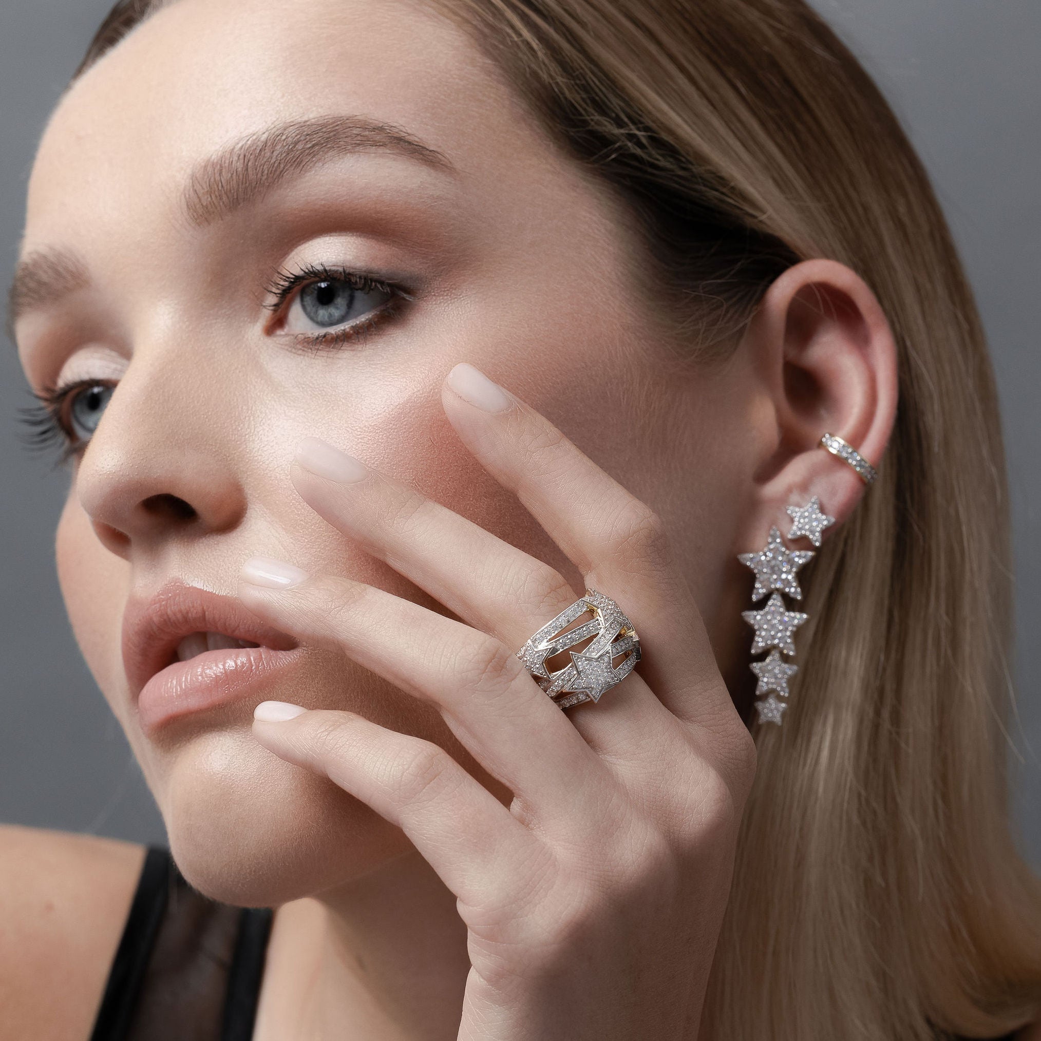 Etoile Star Ring and Star Drop Earrings in 14k gold-plated sterling silver with White Zirconias | Silk & Steel Jewellery